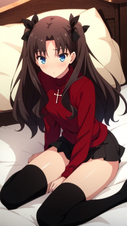 score_9, score_8_up, score_7_up, source_anime,1girl, , cute, beautiful,young, Large four poster bed, bedroom,maroon silk sheets,a window with a night sky view, at night, nervous, nsfw, , hi-res, 8k, rin tohsaka, {aqua eyes, black hair, hair ribbon, long hair, ribbon, sidelocks, two side up, parted bangs,, black skirt, black thighhighs, long sleeves, miniskirt, pleated skirt, red sweater, skirt, sweater, thighhighs, turtleneck, blush,, skirt lift, pussy, nipples, sitting, open legss