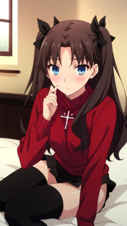 score_9, score_8_up, score_7_up, source_anime,1girl,
,
cute, beautiful,young,
Large four poster bed, bedroom,maroon silk sheets,a window with a night sky view, at night, nervous,
nsfw,
from above,
,
hi-res, 8k, <lora:rin-tohsaka-ponyxl-lora-nochekaiser:0.8> rin tohsaka, {aqua eyes, black hair, hair ribbon, long hair, ribbon, sidelocks, two side up, parted bangs,, black skirt, black thighhighs, long sleeves, miniskirt, pleated skirt, red sweater, skirt, sweater, thighhighs, turtleneck,