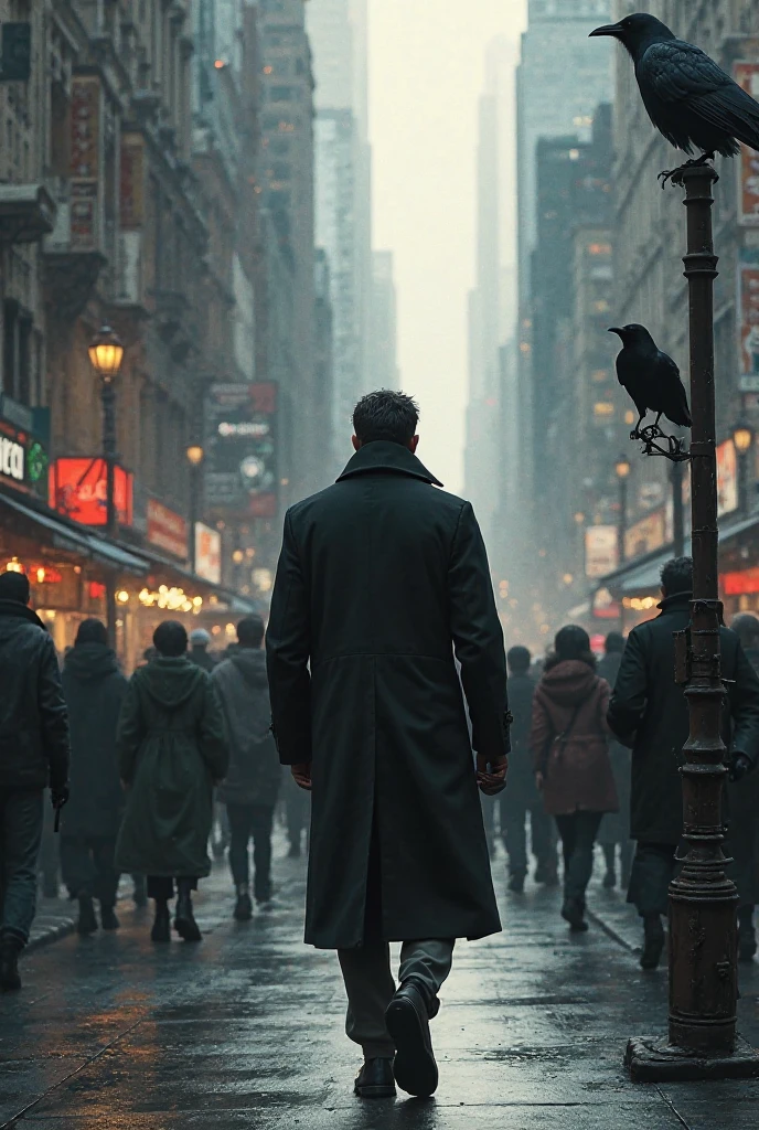 Point of view: a man with his back wearing a black overcoat walking on the sidewalk around other people being watched by a crow perched on the pole 