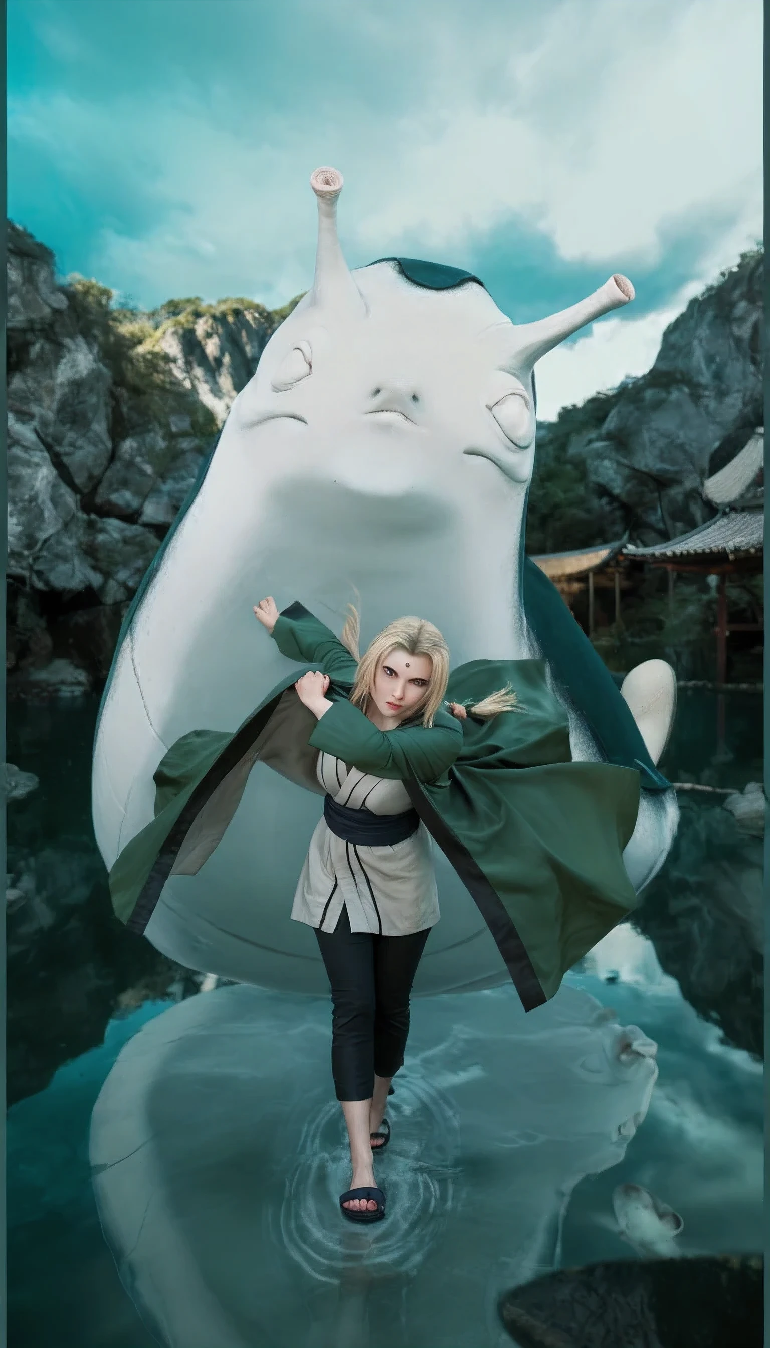 score_9, score_8_up, score_7_up, source_anime, detailed, wallpaper, beautiful details, tsunade from naruto shippuden, 1girl, asian, girl focus, looking at viewer, blonde hair, realistic hair, brown eyes, green with black list robe, grey short kimono, black pants, black fabric belt, using black slippers, standing on the water, snail monster, realistic