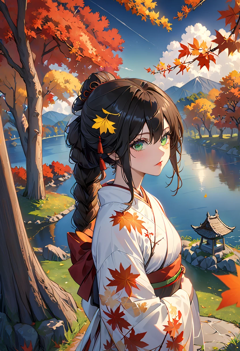 1 girl, Against_tree, Who_Shizu is a , anger_vein, autumn, autumn_leaf, 前hair, Naked_tree, green_eye, dull_前hair, branch, night , dress, 落Down_leaf, forest, ginkgo_leaf, holding_leaf, lake, leaf, leaf_background, leaf_hair_ornament, leaf_On_head, leaf_printing, lips, lOng_hair, vulnerability_in_viewer, Maple_leaf, ninure, Outdoors, solo, standing, stOne_lantern, tree, Down_tree, black hair, sensei