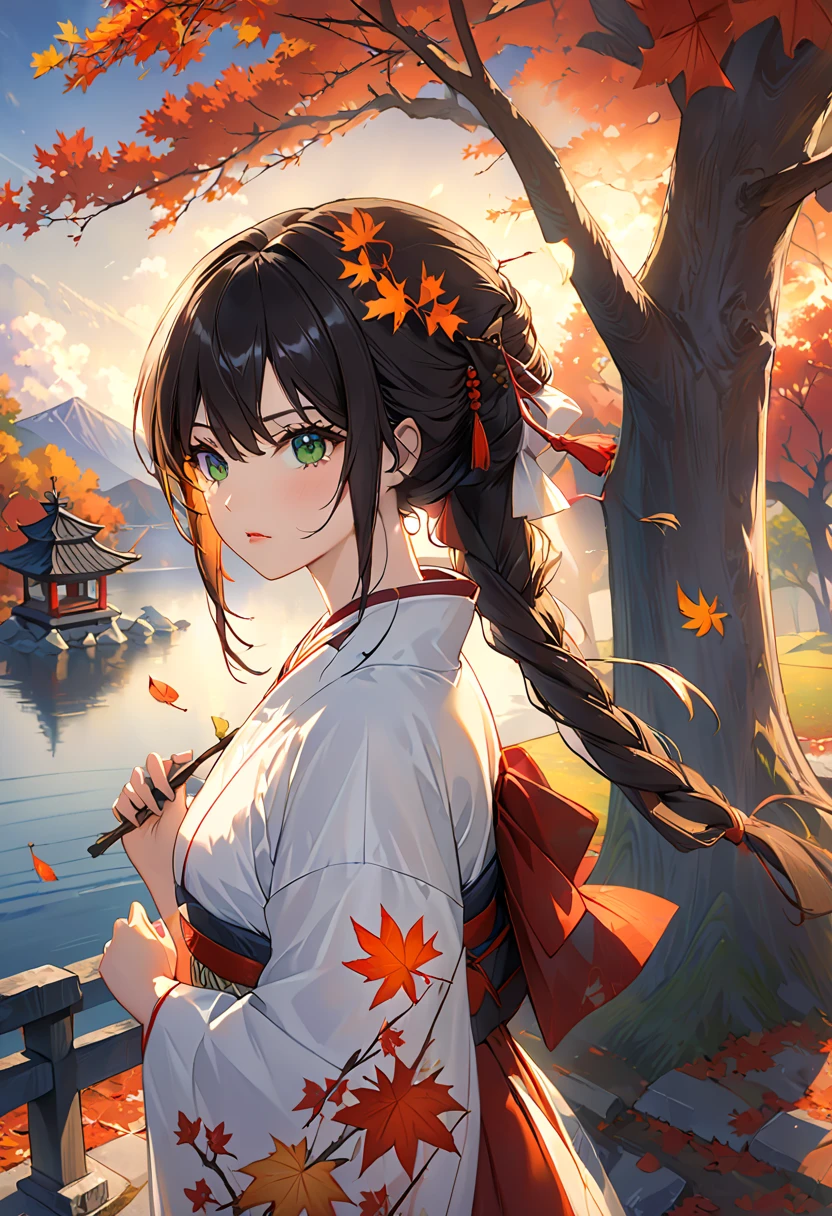 1 girl, Against_tree, Who_Shizu is a , anger_vein, autumn, autumn_leaf, 前hair, Naked_tree, green_eye, dull_前hair, branch, night , dress, 落Down_leaf, forest, ginkgo_leaf, holding_leaf, lake, leaf, leaf_background, leaf_hair_ornament, leaf_On_head, leaf_printing, lips, lOng_hair, vulnerability_in_viewer, Maple_leaf, ninure, Outdoors, solo, standing, stOne_lantern, tree, Down_tree, black hair, sensei