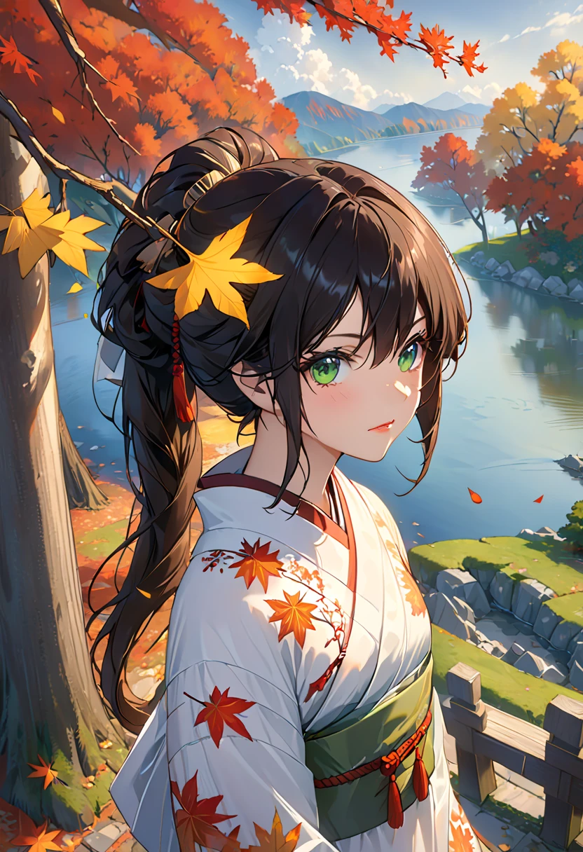 1 girl, Against_tree, Who_Shizu is a , anger_vein, autumn, autumn_leaf, 前hair, Naked_tree, green_eye, dull_前hair, branch, night , dress, 落Down_leaf, forest, ginkgo_leaf, holding_leaf, lake, leaf, leaf_background, leaf_hair_ornament, leaf_On_head, leaf_printing, lips, lOng_hair, vulnerability_in_viewer, Maple_leaf, ninure, Outdoors, solo, standing, stOne_lantern, tree, Down_tree, black hair, sensei