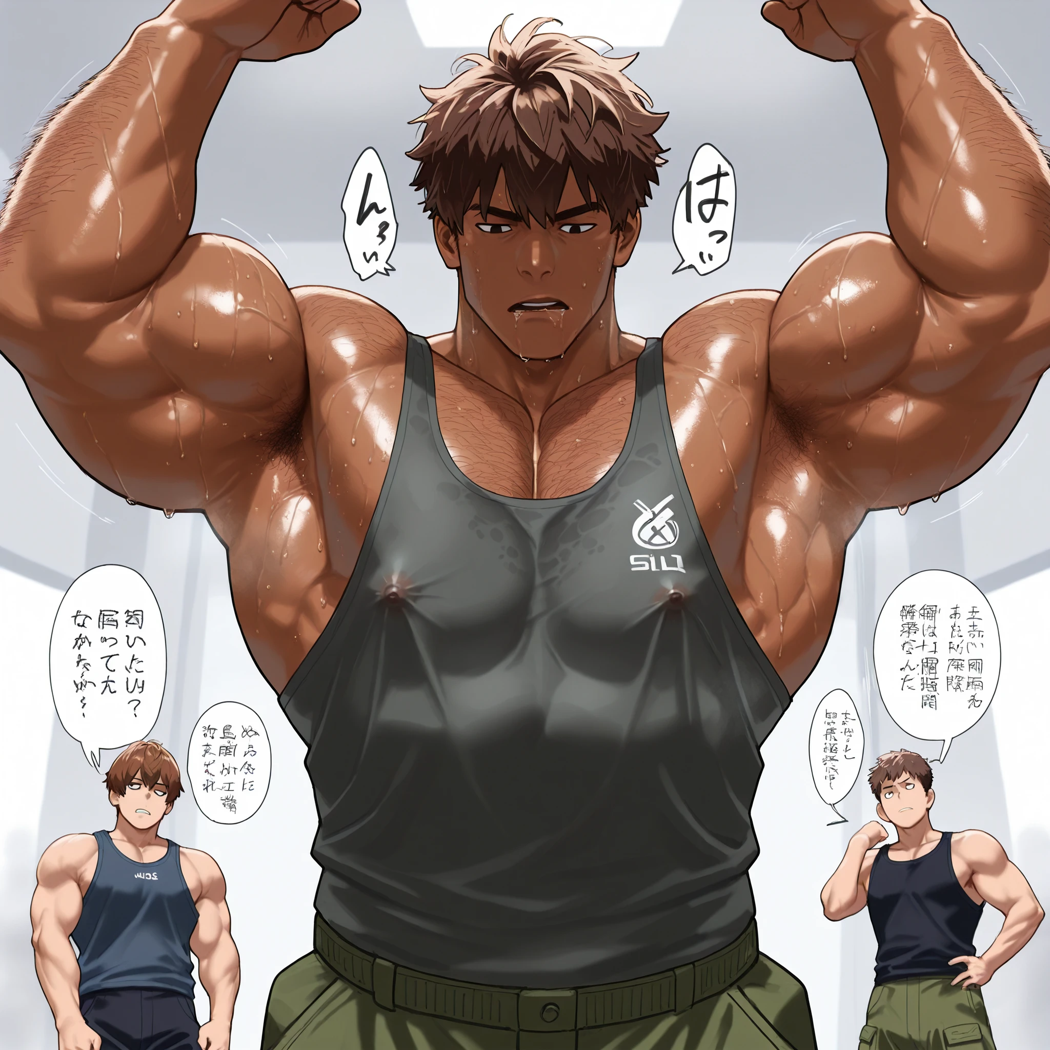 1 tall, muscular, dark-skinned malem, hairy body, Highest quality、masterpiece、Super Detail、armpits hair, arms hair, blown hair, 一本一本詳細な体毛、realistic hair, 一本一本詳細な体毛、realistic hair, brown hair, manly man、体毛フッサフサ、脇毛もフッサフサ、黒い細い毛がこびりついている, big hip, short hair, wide view:1.2), all men, all boys, muscle,体育教師、体がでかい、30-year-old boy ,スポーツ着、 Upper tank raises, men drooling suffering facial expression, Speech balloon , moan, nsfw, sweating, Tremendous, orgasm, erect nipples , tanktop, cargo pants, muscular, muscles, big biceps, broad shoulders, massive pecs, sweaty, hairy chest, blank expression, vacant stare, hypnotized, brainwashed, focused, High Resolution,raped,学生グループが体育教師をレイプ、学生服、体を触りまくる、学生の高等なsexテクニックで教師は抵抗できない、