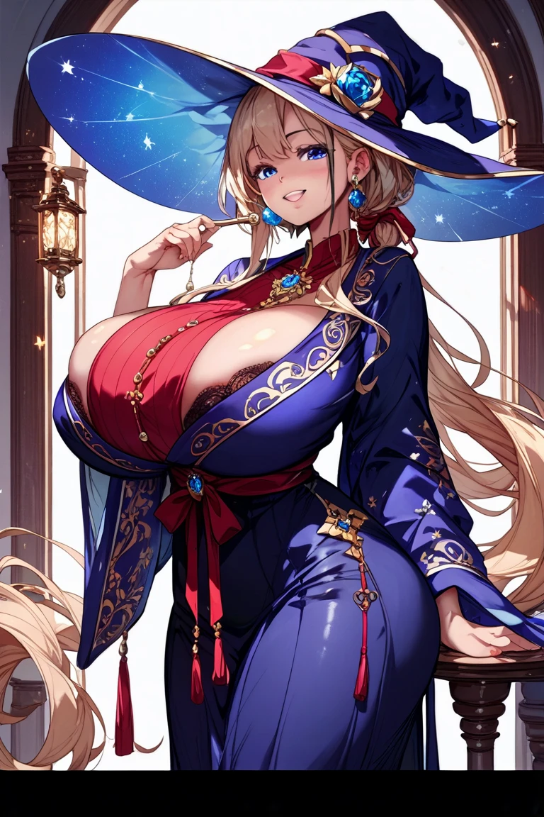 (best quality:1.5, highres, UHD, 4K, detailed lighting, shaders), blonde ponytail, blue eyes, large breasts, off shoulder kimono, cleavage, smiling, (pov, close shot), blushing:1.3