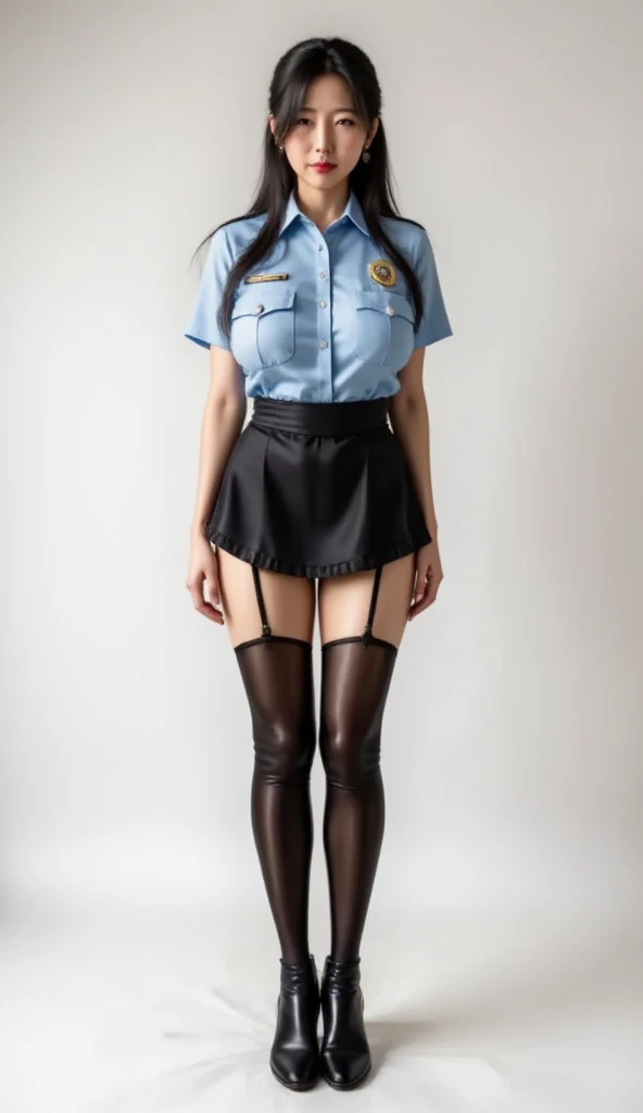 Ultra-high resolution, Realistic, Very detailed, Golden Ratio, Highest quality, Standing full body shot, (Promotional photo shoot), (standing), (Two beautiful secretaries with model figures), Beautiful Face, (Realisticな face), (Blonde short cut:1.3), Realisticな目, Pretty pretty eyes, Realisticな skin, Beautiful Skin, Plump body line, Anatomically correct body, (wide thighs), (Very long legs), (I always wear black stockings:1.3), Fully clothed, Dark blue OL suit, Micro Mini Skirt, (The skirt is very short:1.2), (Very long legs:1.4), (very wide thighs:1.3), (彼女はI always wear black stockings:1.4), (Wearing brown platform high heels), Accurate high heels, 