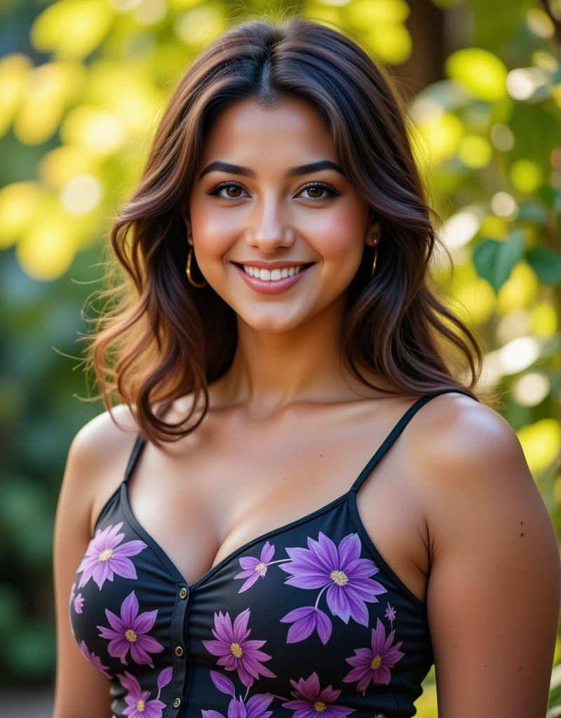 Mid-shot Portrait, (head and chest view). (photorealism:1.2), beautiful Hispanic woman, age 20, smiling, sitting outside by a pool. wearing a tight purple bikini, (huge round bosoms:1.5), DD-cup size chest, gorgeous face, purple eyes, makeup, long curly hair, bright studio lighting, plants in background, relaxed pose, realistic, intricate details, warm colors, by Greg Rutkowski, by Alphonse Mucha.