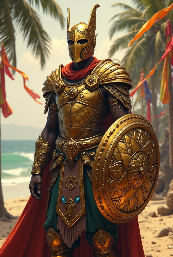 a powerful african warrior, wearing long red and yellow north african robes, holding a spear in one hand and a shield with a banner in the other, best quality, perfect anatomy, detailed facial features, cinematic lighting, dramatic pose, epic fantasy, digital art, intricate details, high resolution, photorealistic, ultra detailed, safe for work content