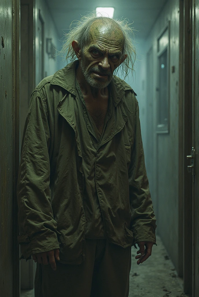 Zombie male middle-aged decay green skin tone dirty full body photo very worn clothes standing in front of Mobile phone stores Looking at his palms The moment lightning strikes a gravestone