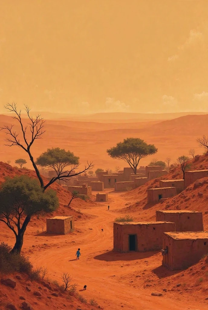 The village of Kifaya, nestled in the heart of an arid region of Burkina Faso. The red earth extends as far as the eye can see, dotted with a few stunted trees.