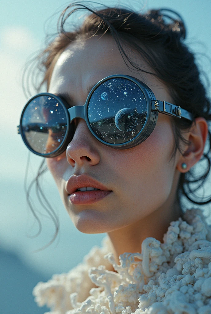 The model is wearing glass sunglasses with stars and the moon on the glass