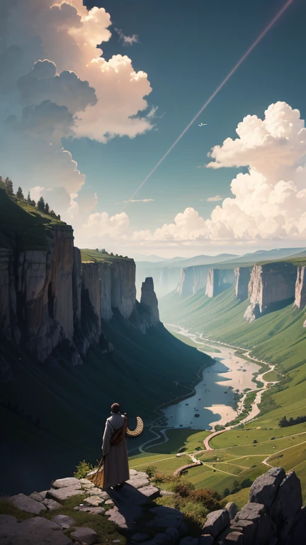 Anime-style illustration of a 32-year-old man standing on the peak of a tall mountain. He has medium-length dark hair and a full short boxed beard with a connected mustache. He is wearing calm ancient white linen garments (not flowing in the wind). He is holding a 10-string old world harp (like David’s harp) and playing it with devotion. Above him, the cloudy sky opens with golden divine rays shining directly on him. He is worshipping God deeply. In the valley below, a sparkling river flows — the river of life described in Revelation 22, coming from the throne of God in the New Jerusalem. The atmosphere is spiritual, majestic, peaceful, and cinematic. High-detail anime, soft shading, heavenly glow.
