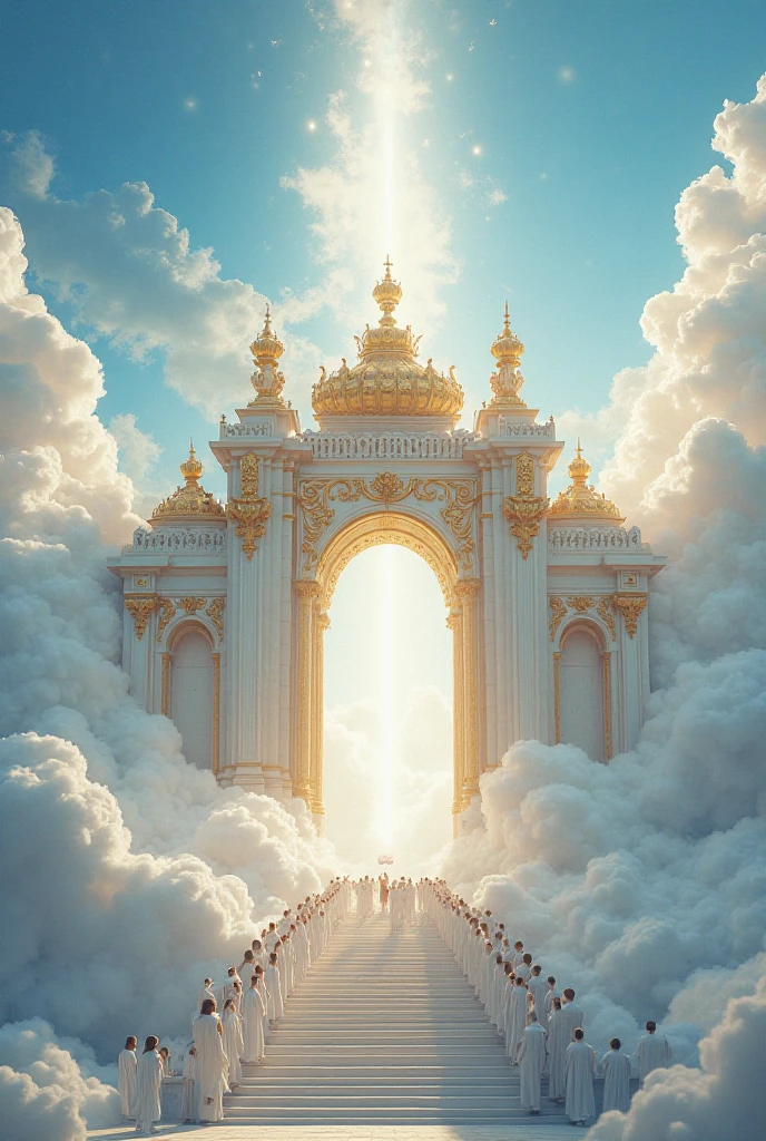 Prompt:
"A grand heavenly gate surrounded by clouds, golden and white architecture with intricate details, a long staircase leading up to the entrance, many people dressed in white robes walking towards the gate, a divine and peaceful atmosphere, bright blue sky with glowing clouds, an ethereal light shining from the gate, ultra-realistic and cinematic."