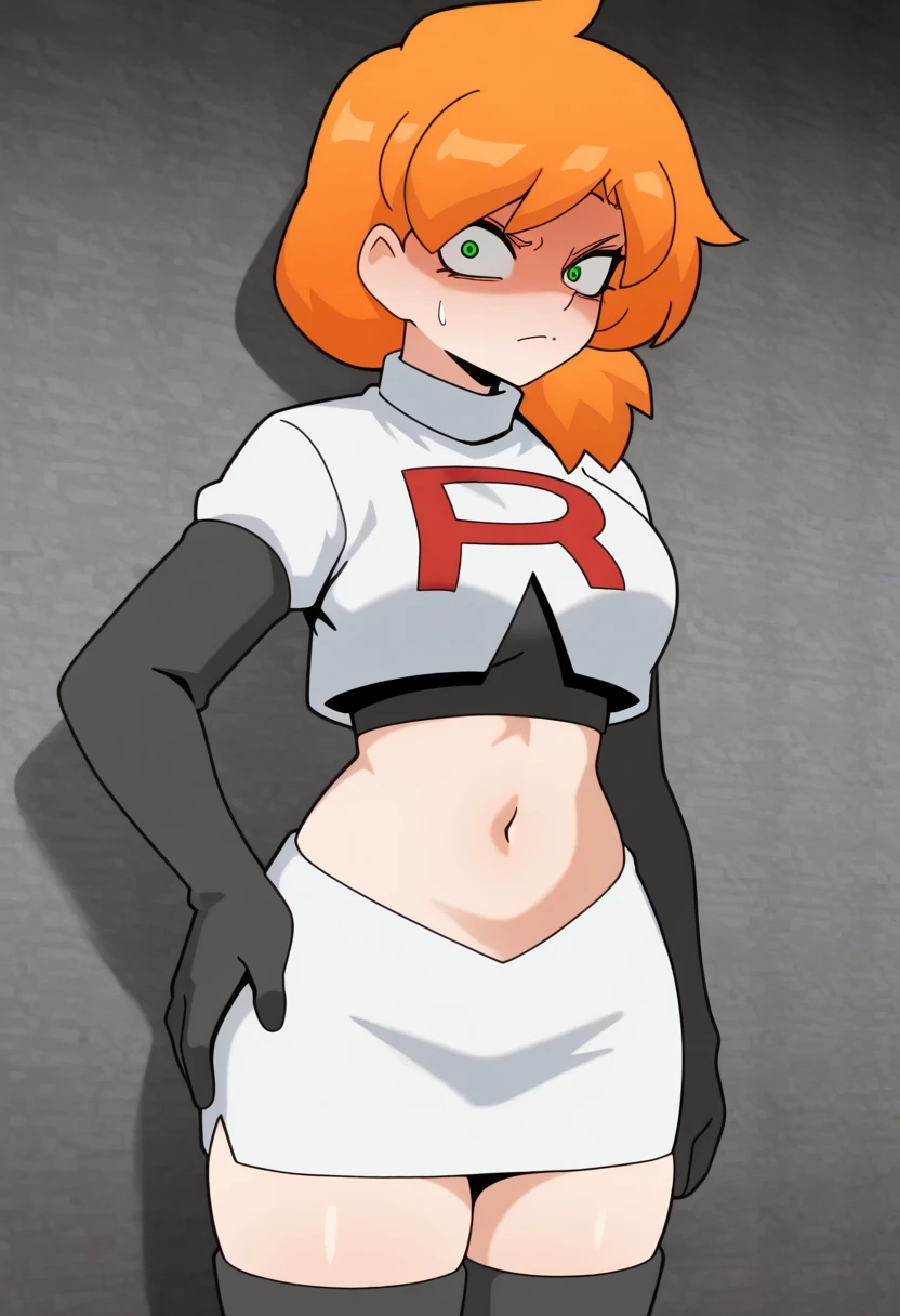 1girl, solo ,sonia, side ponytail,orange hair, heart hair ornaments, aqua eyes ,glossy lips, earings ,team rocket uniform, red letter R, white skirt,white crop top,black thigh-high boots, black elbow gloves, closed mouth, evil smile.hands on hips