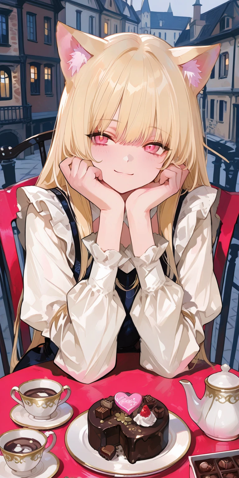 (((Adult woman))), pink eyes, long blonde hair, beautiful black dress, theater seat