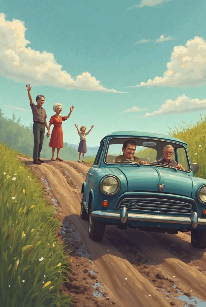 Create an image saying goodbye to older dad and mom and little sister in the sky saying goodbye to them from inside a car back down a muddy road