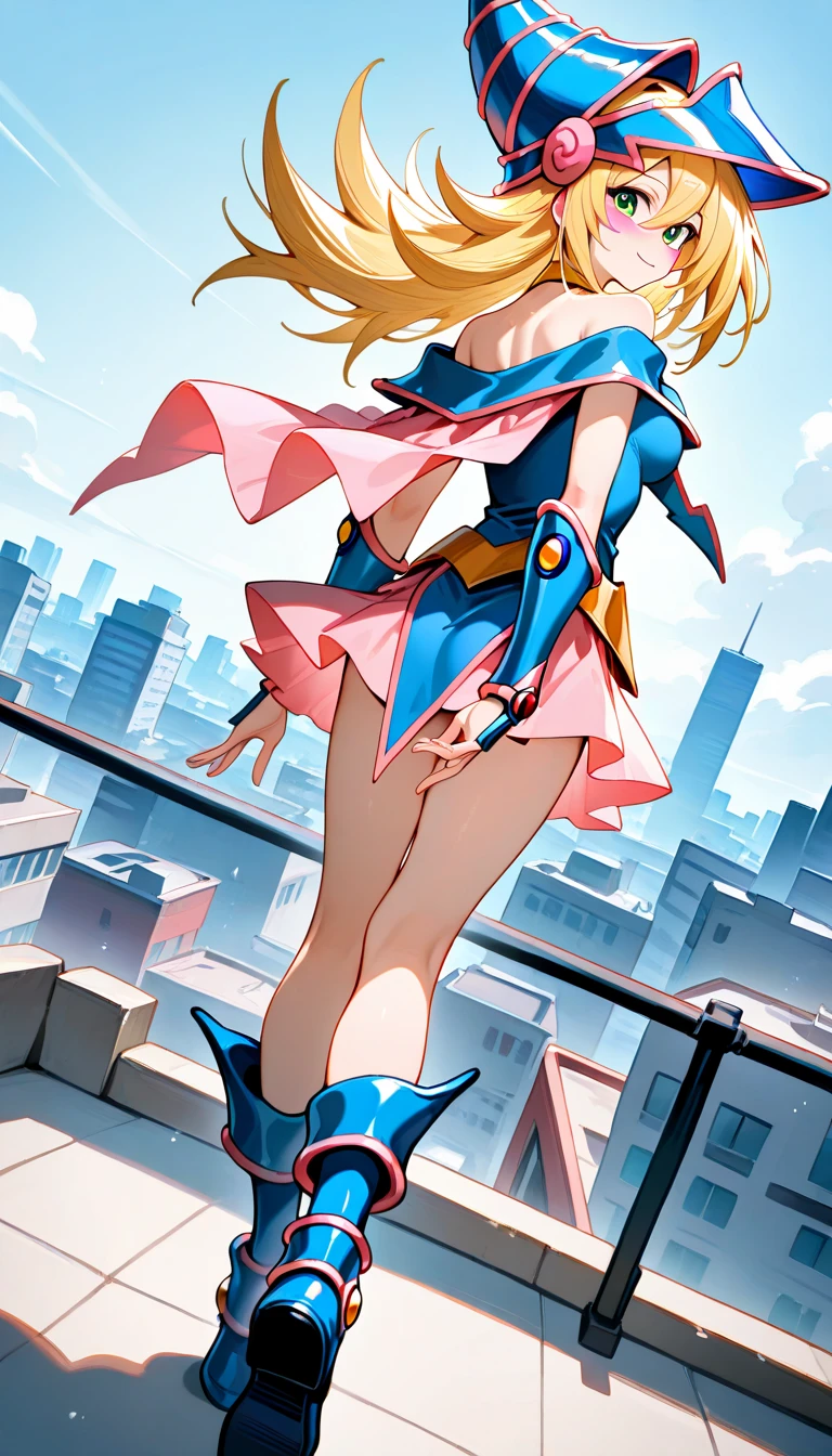 masterpiece, best quality, 1girl, superhero, leotard, bare legs, knee boots, matching boots, heroic, city backdrop, standing, body infused with energy, light particles solo, single, cowboy shot