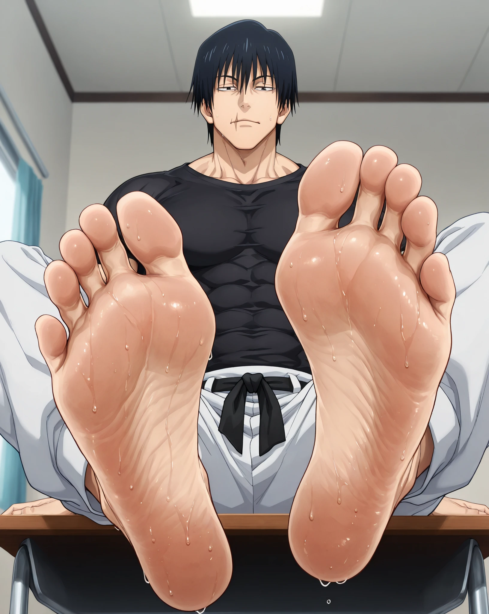 kageyama tobio from the anime Haikyu wearing nothing but his navy blue underwear and white socks sitting on his bedroom on his bed with his foot raised showing the sole of his socked foot showing it to our face as I lay on the floor shrunken to the size of an ant waiting to be stomped on.