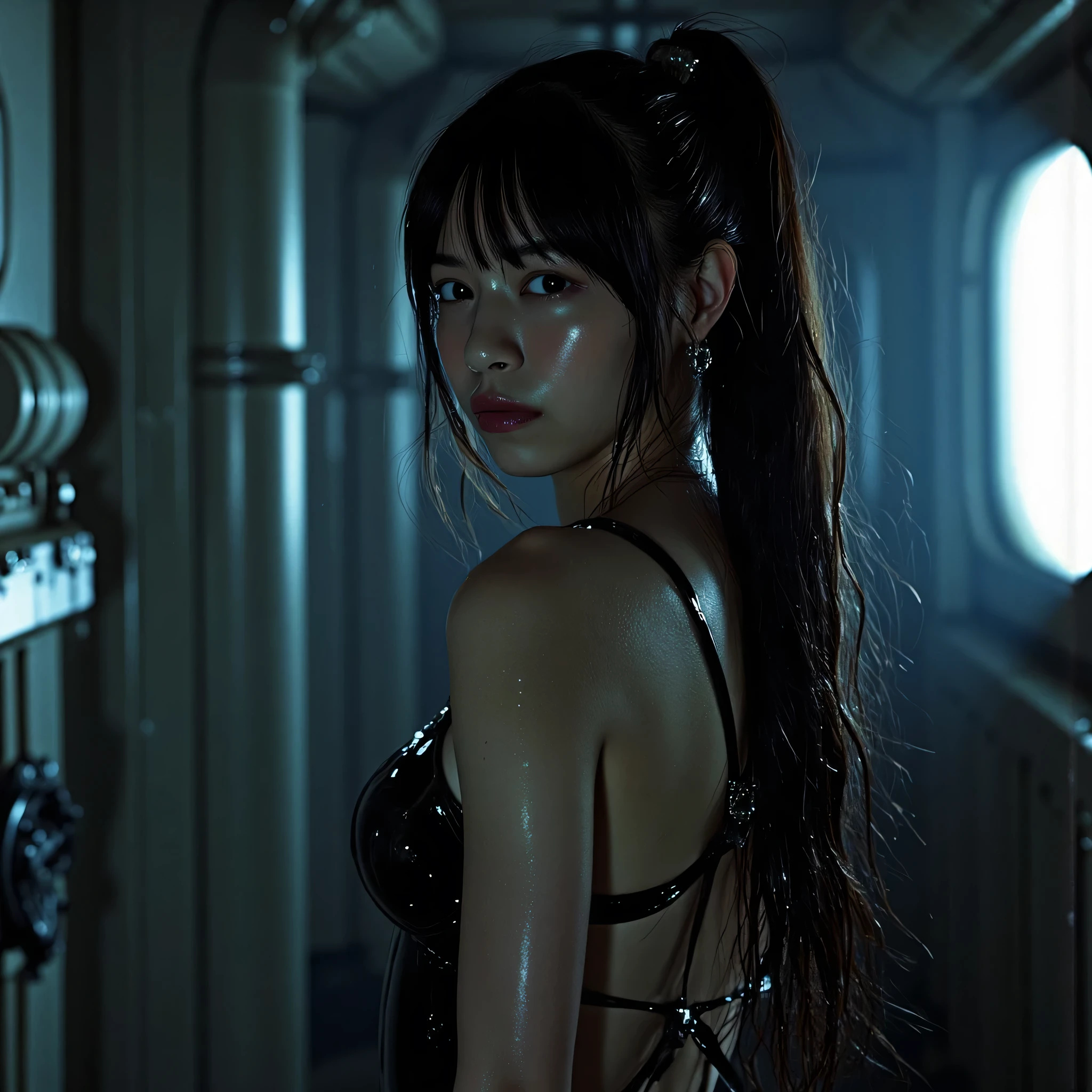 (((Inside a dark spaceship:2.0))),(((HR Gigger style cyberpunk atmosphere:2.0))),(((Has a cyberpunk Japanese sword:2.0))),side view from the back,Side pose,((Looking back and looking at the camera:2.0)),((look back over my shoulder:2.0)),Rear View,one woman,(cute face),(Beautiful well-balanced face ),((long hair with bangs:2.0)),(black hair:1.5),(Beautiful Eyes:1.3),glamorous shot of a 20-year-old Japanese woman,Beautiful slender body,(((model body type:2.0))),((slim body:2.0)),Perfect Body Line,ideal proportions,(big breasts:2.0),((スリーサイズ90-58-86:3.0)),((G Cup Breasts:2.0)), popup,Bare thighs,Sensual Thighs,delicate body,(muscular:1.5),(wet:1.7),natural posture,((beautiful tight butt:2.0)),((cute ass:2.0)), ((((bare ass :2.0)))),(((T-back:2.0))),(Realistic breast depiction :1.5),Carefully Depicting Limbs Based on Perfect Anatomy,((futuristic black super high leg leotard:1.5)),((Fitted Latex Super Hi-Leg Leotard:2.0)),((((Super low rise jeans in denim fabric:2.0)))),(black kimono:1.5),((Tactical Holster:1.5)),((((Coarse mesh fishnet stockings:2.0)))),concept art,(top quality:1.5),(masterpiece:1.5),(超高resolution),resolution,UHD,(delicate depiction), carefully drawn with butterfly wings ,32k,((realistic skin texture:1.5)),(((super realistic:1.5))),carefully draw eyelashes,highly detailed face,Highly detailed female hand,Extremely Sensual,(Blurry Dim Backgrounds :1.5),Professional Photography,(movie lights:2.0),((Blade Runner style lighting:2.0))