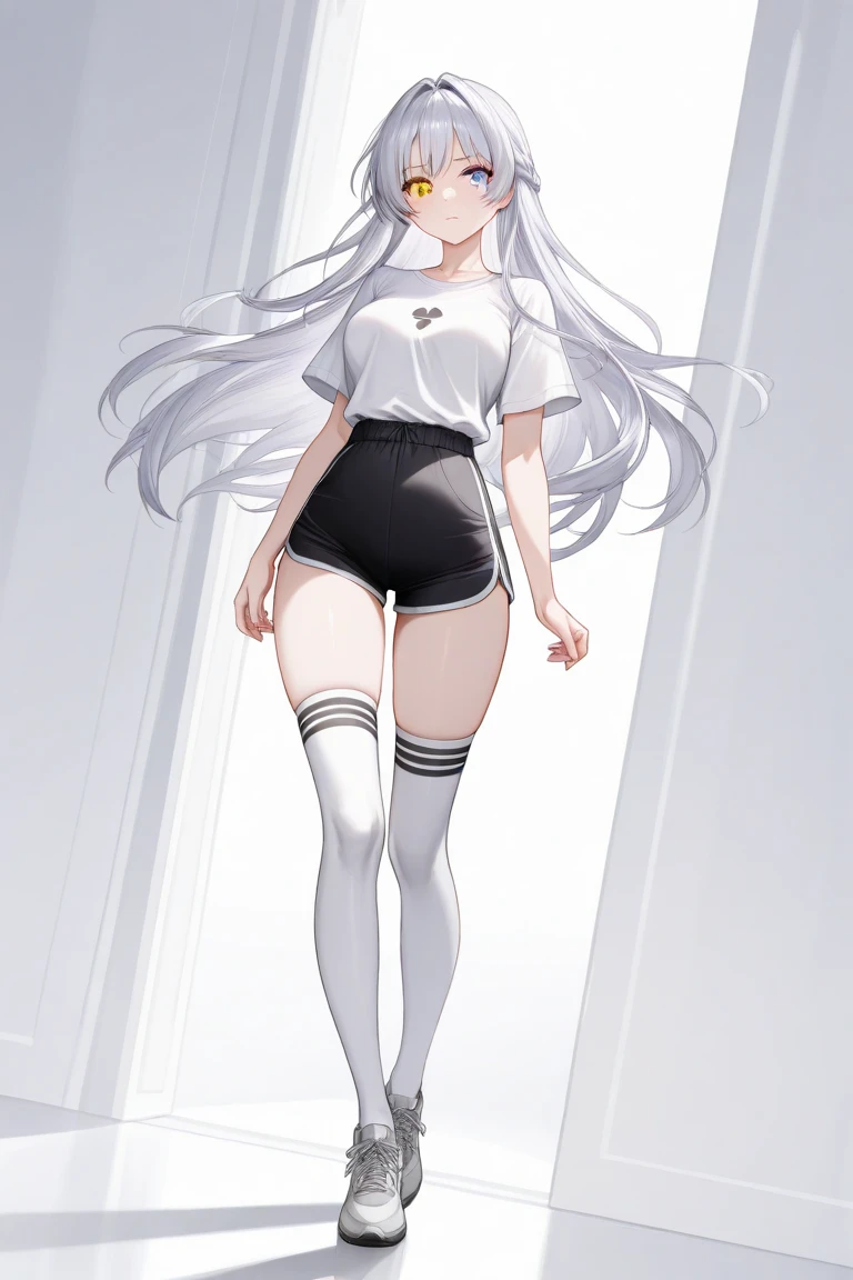 Elf Girl、8-year-old、Medium-long silver hair、Silver Eyes、Big black t-shirt、No bottoms worn、barefoot、Seductive expression、whole body、Standing posture