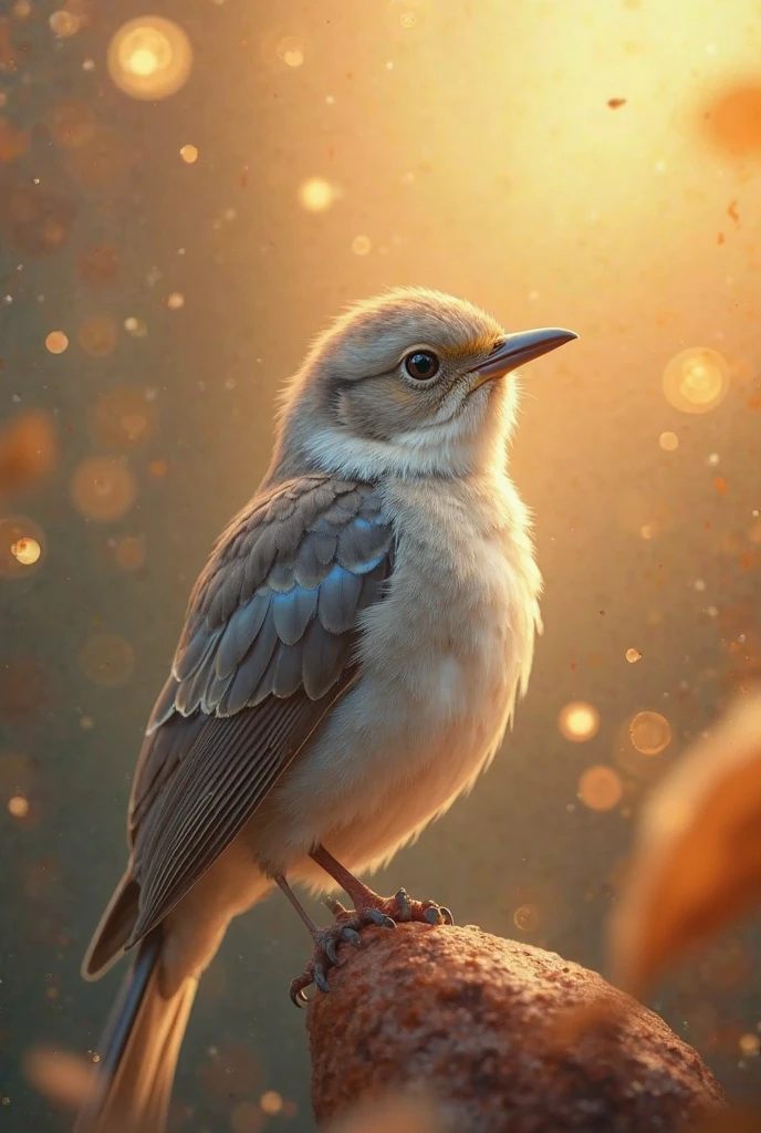 A mesmerizing close-up portrait of a beautiful little bird illuminated by the soft golden light of a calm morning., with vibrant bokeh  gently framing its delicate shape.