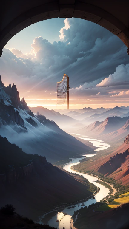 Anime-style illustration of a 32-year-old man standing on the peak of a tall mountain. He has medium-length dark hair and a full short boxed beard with a connected mustache. He is wearing calm ancient white linen garments (not flowing in the wind). He is holding a 10-string old world harp (like David’s harp) and playing it with devotion. Above him, the cloudy sky opens with golden divine rays shining directly on him. He is worshipping God deeply. In the valley below, a sparkling river flows — the river of life described in Revelation 22, coming from the throne of God in the New Jerusalem. The atmosphere is spiritual, majestic, peaceful, and cinematic. High-detail anime, soft shading, heavenly glow.
