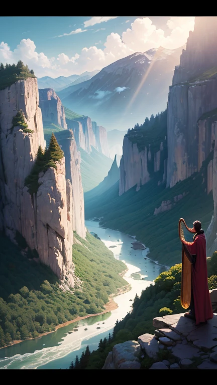 Anime-style illustration of a 32-year-old man standing on the peak of a tall mountain. He has medium-length dark hair and a full short boxed beard with a connected mustache. He is wearing calm ancient white linen garments (not flowing in the wind). He is holding a 10-string old world harp (like David’s harp) and playing it with devotion. Above him, the cloudy sky opens with golden divine rays shining directly on him. He is worshipping God deeply. In the valley below, a sparkling river flows — the river of life described in Revelation 22, coming from the throne of God in the New Jerusalem. The atmosphere is spiritual, majestic, peaceful, and cinematic. High-detail anime, soft shading, heavenly glow.
