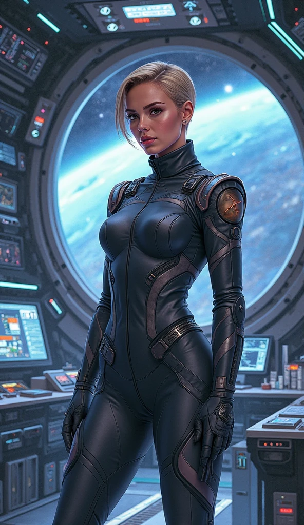 "commanding the stars: Captain Elena Egorova"  Business: Create a sneakers in detail illustration of Captain Elena Egorova on the bridge of her spaceship, demonstrating her domineering presence and advanced command technology center. The scene should convey authority, exploration, and the infinity of space. Key elements: 1. Character image: Outside: Elena stands confidently at the center console, posture straight and confident, radiating leadership and determination. Her  expression focused and alert, seats with a touch of curiosity. appearance: short,  neat haircut , The strong features of, and sharp, close look, reflecting their experience. 2. Attire and Accessories: form: smooth, функциональная униform, combining practicality and elegance, using thin armor and modern materials. Accessories: Communicator or devices, functional uniform, badge or insignia, pointing to rank and affiliation. 3. The atmosphere on the bridge: Layout: Spacious , high-tech command center with panoramic windows, advanced panels controls, holographic displays, and ergonomic.  technology: smooth, futuristic touchscreen remotes, holographic interfaces, and ambient lighting, changing depending on the condition of the ship. atmosphere: Soft lighting and the hum of technology create quiet efficiency. The portholes show distant stars or a nearby celestial body. 4. x} Crew interaction: team dynamics: Other crew members are present, busy, professional and focused, with a sense of camaraderie and trust in her captain. communication : Elena can give orders or talk, with subtle gestures or expressions, conveying leadership. 5.  stylization : artistic style: clean, sneakers in detail, and slightly stylized, with an emphasis on realism, but with a focus on futuristic and adventurous aspects. Color palette: A mixture of cool and warm tones, blue and silver colors for technology, x} warmer tones for characters and lighting. 6. Atmosphere and mood: mood: Waiting and exploring, with calm authority and readiness for the unknown. 
