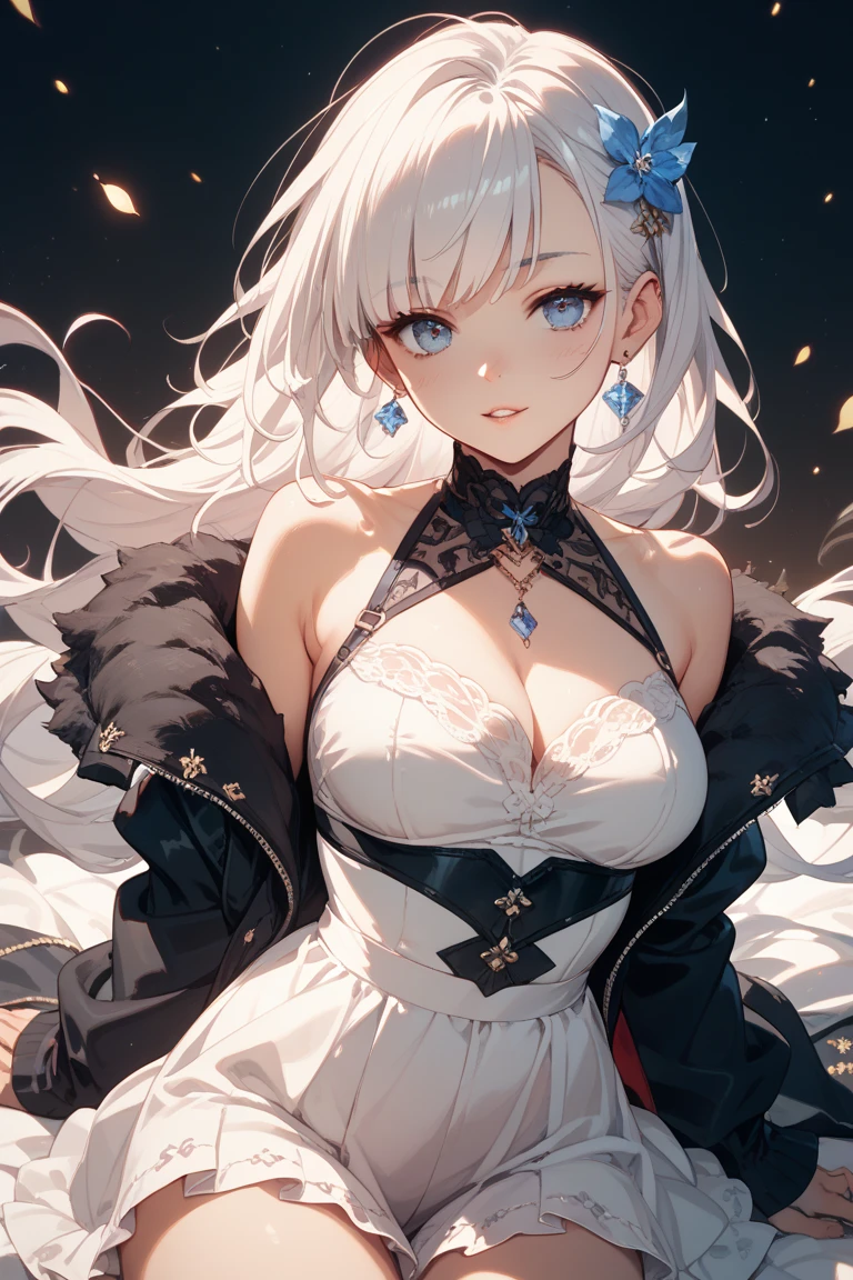 ((dress_default, terrific_default, ornament_waist)):1.5,((solo, 1girl)) ((masterpiece,Highest quality,Highly detailed images,Beautiful images、Realistic、Dutch Angle)),(Dynamic Angle)、 (Bright lighting overall、Backlight、A fantastic atmosphere、Thick Fog、Dust flutters),(Sexy pose、Beautiful cleavage、huge breasts, Place your hands behind your back:1.5、Leaning forward、Charming smile), ((Beautiful starry sky、shooting star、Ocean))、Black sleeves