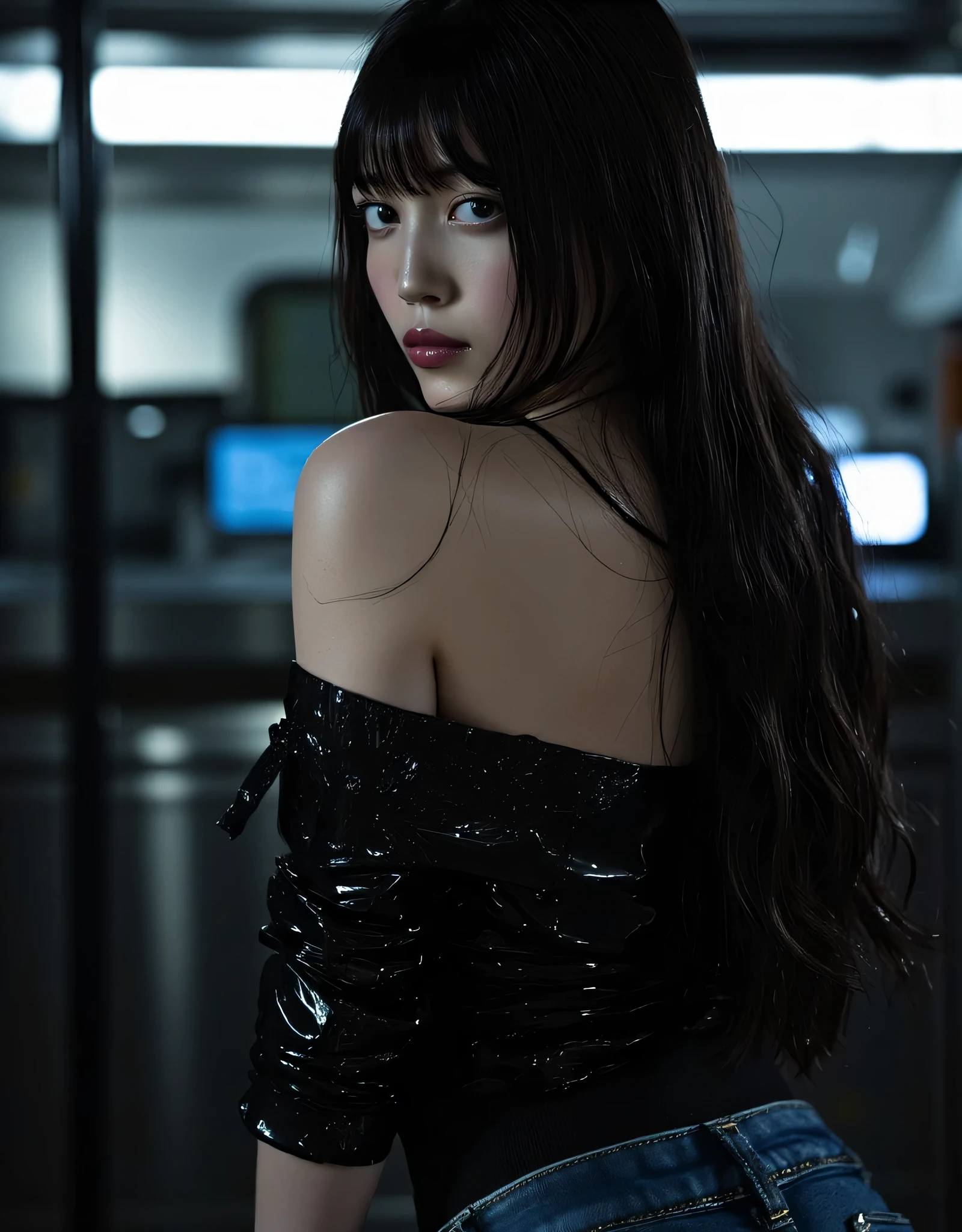 (((Inside a dark spaceship:2.0))),(((HR Gigger style cyberpunk atmosphere:2.0))),(((Has a cyberpunk Japanese sword:2.0))),side view from the back,Side pose,((Looking back and looking at the camera:2.0)),((look back over my shoulder:2.0)),Rear View,one woman,(cute face),(Beautiful well-balanced face ),((long hair with bangs:2.0)),(black hair:1.5),(Beautiful Eyes:1.3),glamorous shot of a 20-year-old Japanese woman,Beautiful slender body,(((model body type:2.0))),((slim body:2.0)),Perfect Body Line,ideal proportions,(big breasts:2.0),((スリーサイズ90-58-86:3.0)),((G Cup Breasts:2.0)), popup,Bare thighs,Sensual Thighs,delicate body,(muscular:1.5),(wet:1.7),natural posture,((beautiful tight butt:2.0)),((cute ass:2.0)), ((((bare ass :2.0)))),(((T-back:2.0))),(Realistic breast depiction :1.5),Carefully Depicting Limbs Based on Perfect Anatomy,((futuristic black super high leg leotard:1.5)),((Fitted Latex Super Hi-Leg Leotard:2.0)),((((Super low rise jeans in denim fabric:2.0)))),(black kimono:1.5),((Tactical Holster:1.5)),((((Coarse mesh fishnet stockings:2.0)))),concept art,(top quality:1.5),(masterpiece:1.5),(超高resolution),resolution,UHD,(delicate depiction), carefully drawn with butterfly wings ,32k,((realistic skin texture:1.5)),(((super realistic:1.5))),carefully draw eyelashes,highly detailed face,Highly detailed female hand,Extremely Sensual,(Blurry Dim Backgrounds :1.5),Professional Photography,(movie lights:2.0),((Blade Runner style lighting:2.0))