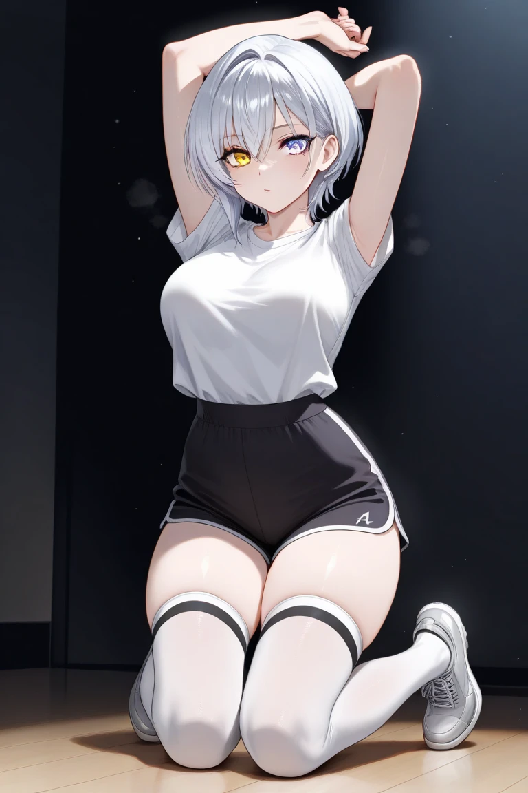 intricate detailes、beautiful and delicate eyes, Anime girl with long white hair and blue eyes photo、Smooth Anime、CG Art、Detailed Digital Anime Art, official artwork, pixiv style, Detailed anime artwork, artbook artwork, Seductive Anime Girl, detailed anime character art, Curvaceous but slender、silber hair、ornament detached、accessorized、shairband、Muchimuchi Body、Muscle Training Girls、mole、Distinctive charm points、Eyebrows、Sareme、poneyTail、Muscular nose、red blush、plump lips、Physical beauty、disheveled hair、Gymnastic、Unique fashion、Depiction in motion、hawaii、(top-quality、hight resolution、8k、masterpiece:1.2)。Muscular short-haired woman in fashionable T-shirt shorts、I am doing muscle training to grow my muscles in a room with an ocean view.。Trained muscles are arms and abs、Stand out on the legs。Her sweat is a testament to hard work、The contours of the muscles are beautifully revealed.。The Western-style room has a fairly large floor plan with depth.、Brilliant light streaming in from the window、Illuminates her whole body like a Hollywood actress。On the walls of the neat mansion-like room, artistic paintings and art works are displayed.、Please depict her challenging her limits with a powerful expression.。yellow、greys、Dark。