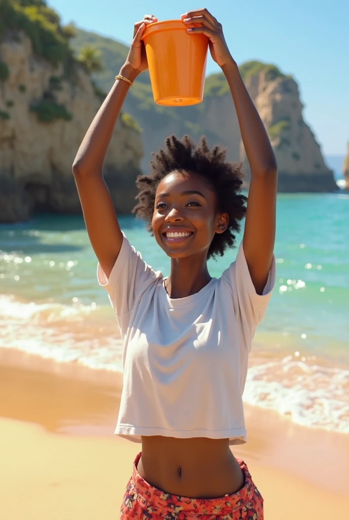 A Black Brazilian woman in a favela with a bottle of drink pouring into a pitcher with a straw
