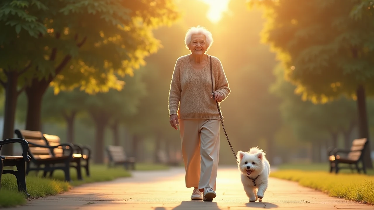 Elderly woman walking a small white dog through a park in the evening, wearing a casual sweater and pants, golden hour light, soft expression.