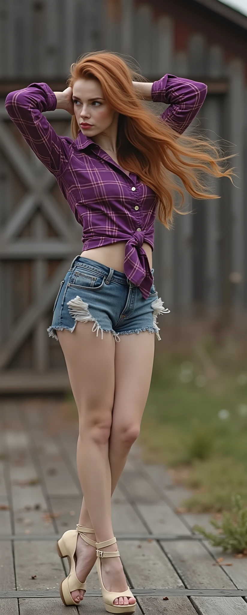 High quality and high definition photo. Young slender nice European woman with nice opened grey eyes, 20 YO. woman in a purple shirt and denim shorts dancing on a wooden walkway, casual pose, in the countryside, amouranth, in front of a garage, redhead girl, fashion model, next to a red barn, casual photography, better known as amouranth, modeling photography, beautiful model, awesome and moody, stunning photoshot, dynamic pose, soft tones