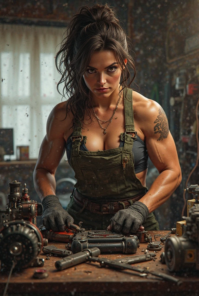 Art in colors in Alex Horley style, strong muscular Steampunk woman mechanic, Blue uniform, maintenance on Steampunk melee weapons and firearms, Steampunk combat workshop scene, Steampunk furnace and anvil, ultra HD