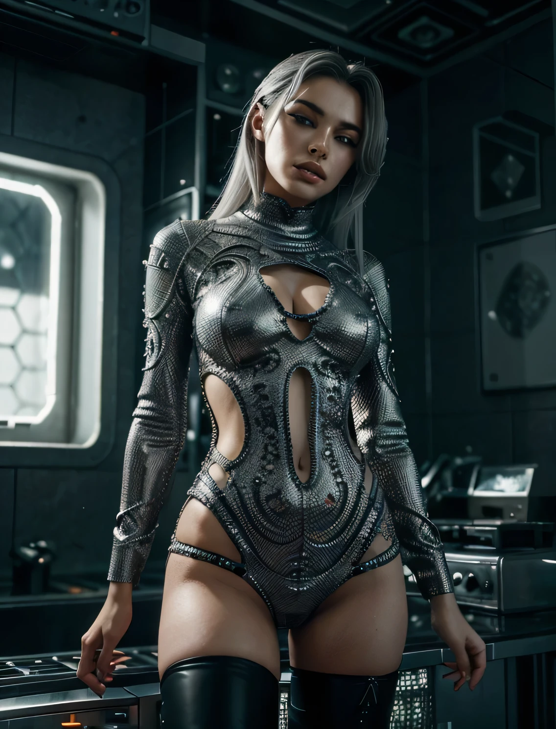 (nsfw:1.2), (masterpiece, Best Quality, hyper Realistic:1.6),
BREAK
A beautiful, sexy young woman, an Instagram model, with high detail, looking happy. Posed in a wide-angle, gravure style with her arms behind her head, and her full body in the frame. She has a very slim waist, perfectly balanced soft, large breasts with noticeable cleavage, large buttocks, and long, beautiful legs. She is dressed in glamorous clothing that highlights her sculptural beauty. Her realistic soft skin has a silky, slightly oily texture. She has a small head, detailed facial features, and eyes, with a cute, pretty slim face, a half-open duck mouth, and perfect teeth. Her gray hair is neatly arranged, and she is looking directly at the viewer. She is wearing detailed black sexy cyber gear with soft textures and a minimalistic beauty, including advanced technical sneakers. Her stance is harmonious.
She is in a dimly lit room with brilliantly glowing white neon lights. The setting is the interior of a futuristic colony, with mist drifting and steam rising from the concrete.