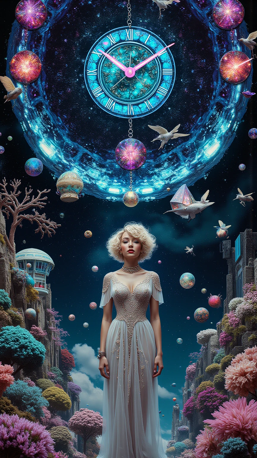 **Rewritten Prompt:**  
Surreal hyper-detailed odyssey: A serene woman with translucent skin (shifting constellations visible beneath) levitates atop a collapsing fractal clock dripping liquid algebra, her gown a kaleidoscope of shattered stained glass and humming antimatter. Her hair splinters into tetrahedron branches cradling polyhedral songbirds that emit prismatic sonar waves. Behind her, a **quicksilver elephant** with legs dissolving into smoke and neon static stomps across a mirror lake, each step birthing **bioluminescent geodes** that bloom into screaming orchids with clockwork pistils. The sky shatters into **floating tetrahedral islands**: one cradles a labyrinth of inverted pyramids where staircases bleed into tessellated paradoxes; another sprouts a **tree of sentient calculus** with pendulum roots and fruit pulsing like dying stars. The lake’s surface splits reality: above, a city of levitating obsidian obelisks humming Gregorian chants; below, a coral necropolis where **shadow-amoebas** devour neon ghosts. A **black-hole sun** vomits cursive supernovae, while **sentient dodecahedrons** with kaleidoscope eyes orbit its rim, whispering forbidden theorems. **Quicksilver imps** with telescopic limbs pilot paper submarines, hunting jellyfish made of frozen screams. Her shadow fractures into a swarm of **geometric scarabs**, then reforms as a **liquid-crystal hydra** with gears for eyes. Details: **glitch-moss** consuming the clock’s edges, her choker—a pulsar emitting **holographic sonnets**—acid-etched equations on levitating monoliths. Palette: **iridescent void-black**, neon-magma rivers, uranium-glass foliage, and skies the color of **bruised violets**. Mood: Hypnotic delirium where mathematics and madness waltz.  

**Tags:**  
`#quantum_grotesque #escher_core #chaos_mathematics #neon_lovecraft`  

*Teetering on the event horizon of sense, every pixel pregnant with impossible wonder. Character count: 1,692* 🌌⚡🔲  