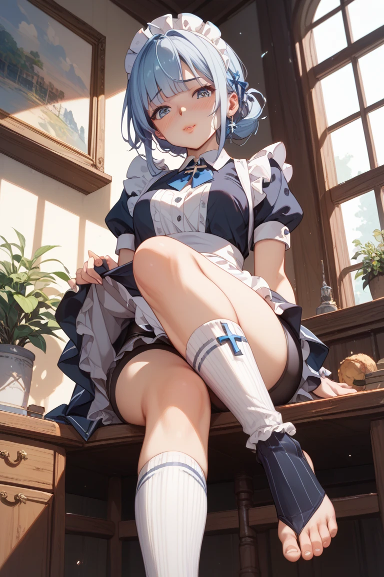 score_9, score_8_up, score_7_up, rem_\(re:zero\)
blue_eyes,hair_over_one_eye,short_hair,blue_hair,hair_ribbon,roswaal_mansion_maid_uniform, 1girl, solo, sitting, crossed legs, from below
Masterpiece, best quality, detailed eyes, perfect face, award winning, hyper-realistic