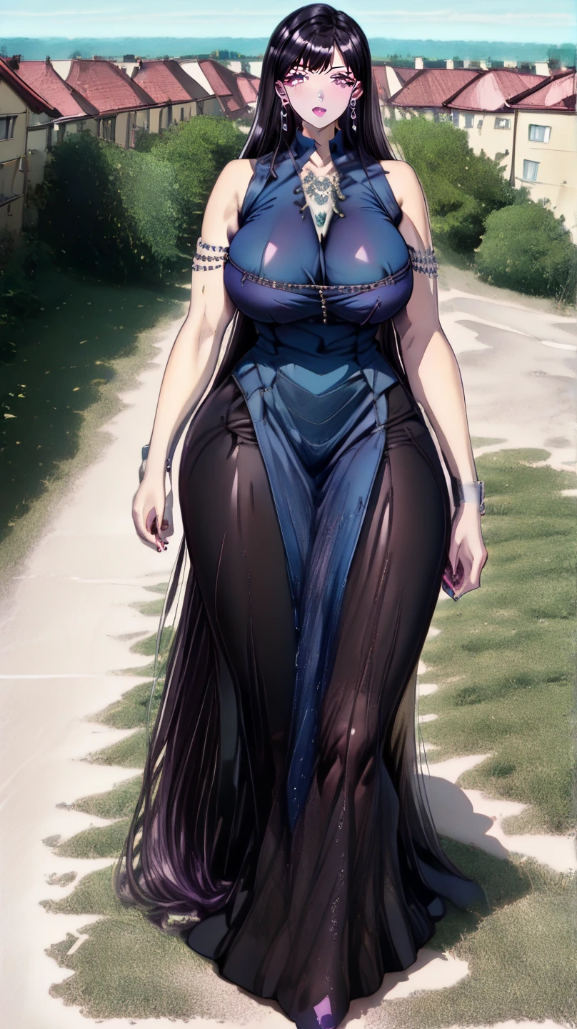 masterpiece, best quality, very aesthetic, absurdres, Epic,movie light,,,st._louis_(azur_lane), azur_lane, st._louis_(luxurious_wheels)_(azur_lane), 1girl, silver dress, silver evening_gown, bare_shoulders, blue_hair,nails, earrings,hair_ornament, high_side_ponytail, jewelry, large_breasts, necklace, plunging_neckline, purple_eyes,thighs, wavy_hair,,in street