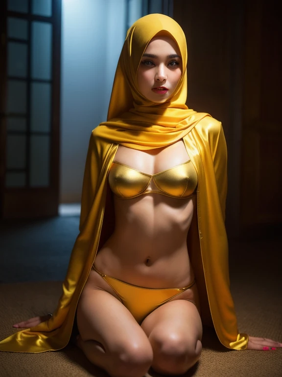 (HIJAB ), Skinny orange satin hijab girl naked (SHINY DARK SKIN), SADNESS ,a round buttock, (lace thong & G-String).