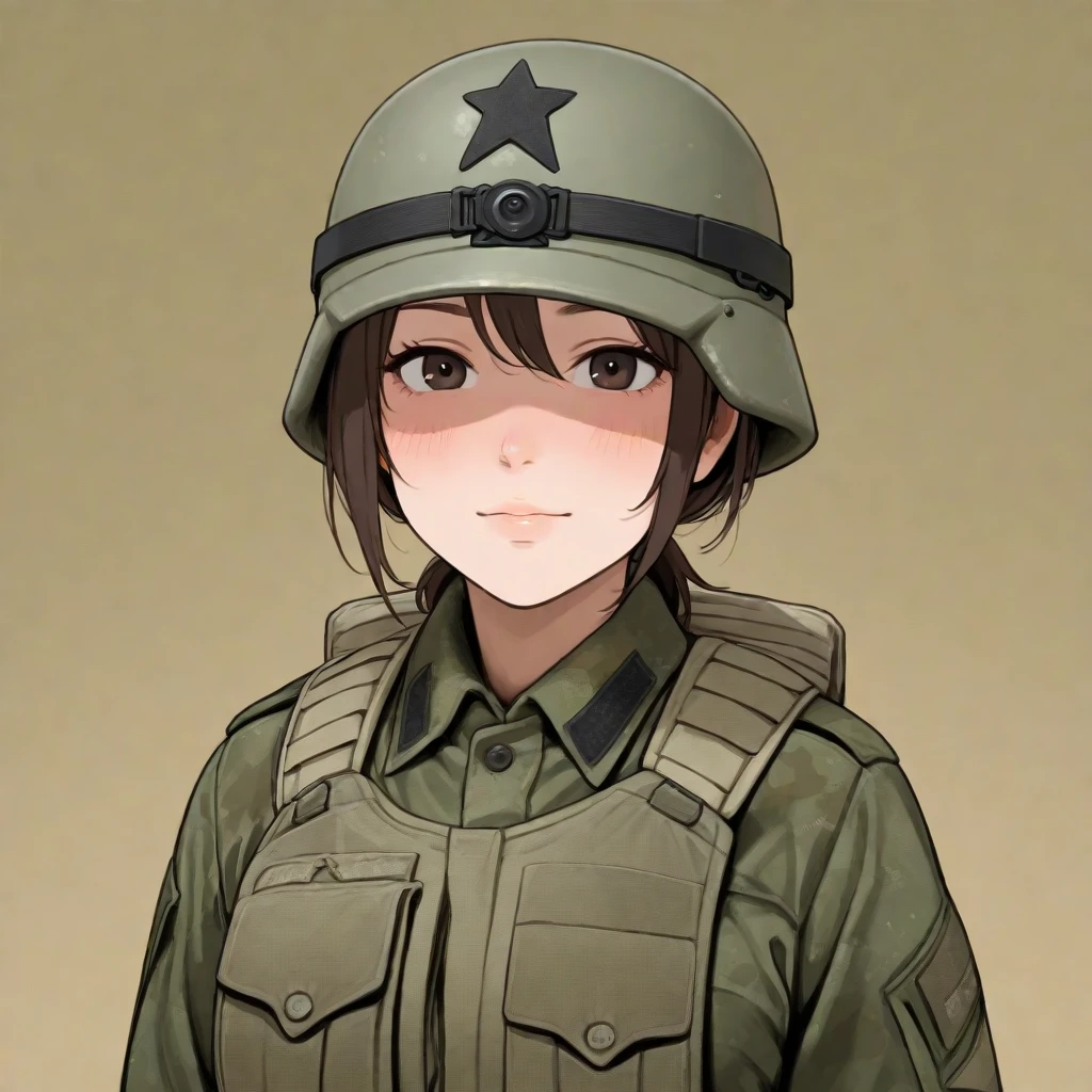 self-defense officer、Camouflage、Camouflage helmet、30 year old woman、smile、cute、black bob hair、white background、Comical illustration、salute