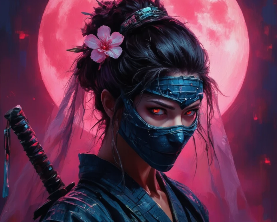 hyperrealistic, photo, masterpiece, stunning, best quality,
Full potrait ninja masked Samurai kimono sakura princess. Glowing eyes, bridal veil, see through, blade princess, sakura pink moon, dark theme, high pink contrast, dramatic
perfect lighting, professional, high contrast, bright colors, intricate details, (high quality texture), (sharp), (artistic image), 8K, highly detailed, fantasy, vivid, rich details,