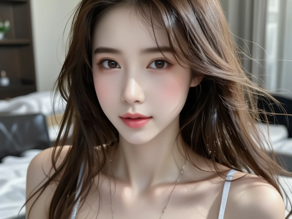 In detail, High resolution, high quality、Perfect dynamic composition, Beautiful attention to detail,ponytail,Natural color lip,Kamimei、20-year-old girl、1 person、Clear Skin、Shiny Hair、Tabletop, 最high quality, figure, Super detailed, In detail, High resolution, 8K、The correct state of the human body、Random pose、Sculpture model pose,Hair dancing in the wind、underwear,Hair length,big ,Huge cleavage, Red lace underwear,Bold sexy pose,huge 、Close-up of face