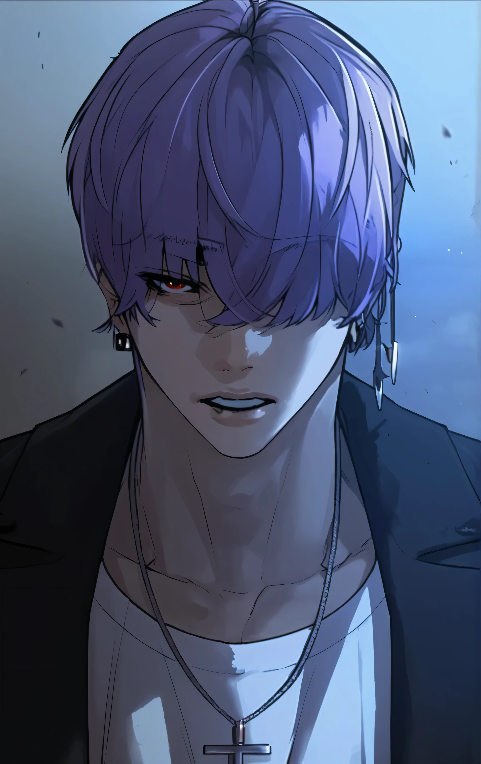 1male,solo,purple hair,hair over eyes,1eyes,red eyes,earrings,serious,open mouth,