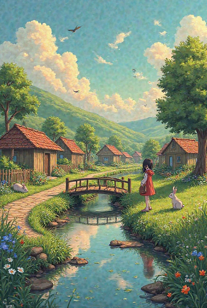 A peaceful countryside village in spring, with lush green hills, colorful flowers, and quaint wooden houses. A gentle stream runs through the village, reflecting the houses and trees in its clear water. A charming wooden bridge crosses over the stream, with wildflowers blooming along its edges. A young girl with a satchel stands on a stone path beside the stream, taking in the scenery. Nearby, a couple of rabbits nibble on grass, a few birds perch on a wooden fence, and a butterfly flutters through the air. In the bushes, a small magical creature with curious eyes peeks out, hidden among the leaves. The scene is set during golden hour, with soft orange and pink light casting long shadows and bathing everything in a warm, magical glow. In the style of Studio Ghibli, with soft lighting, hand-drawn look, and anime-style detailing