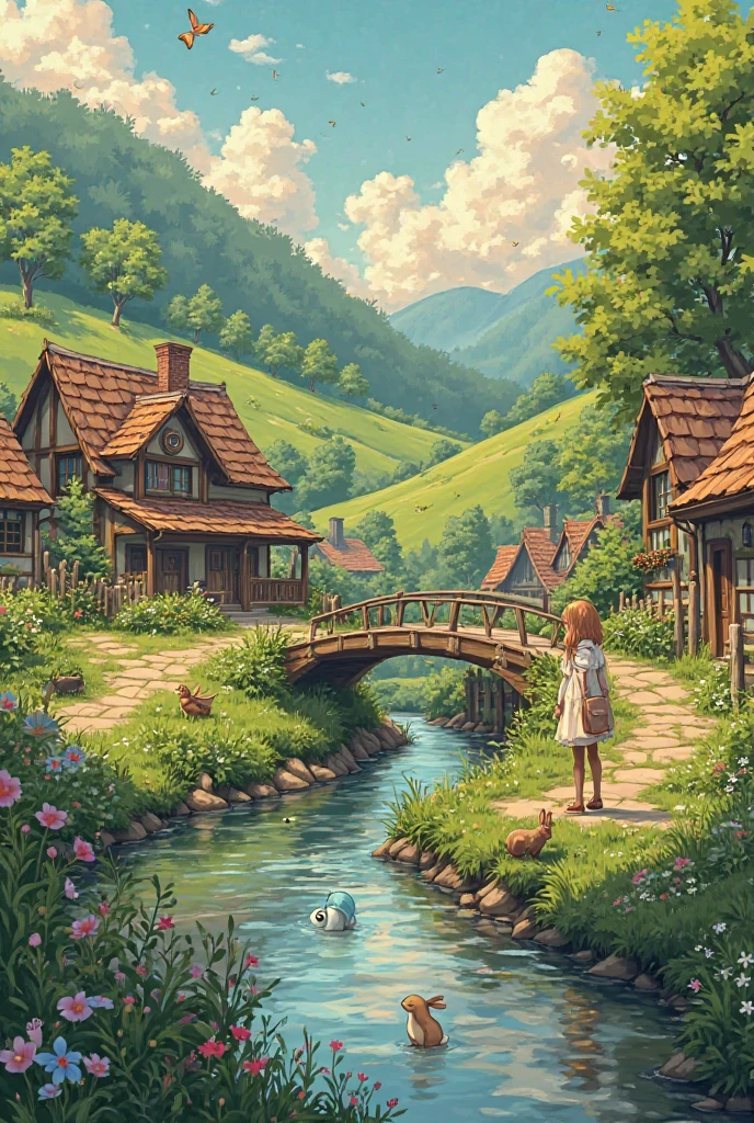A peaceful countryside village in spring, with lush green hills, colorful flowers, and quaint wooden houses. A gentle stream runs through the village, reflecting the houses and trees in its clear water. A charming wooden bridge crosses over the stream, with wildflowers blooming along its edges. A young girl with a satchel stands on a stone path beside the stream, taking in the scenery. Nearby, a couple of rabbits nibble on grass, a few birds perch on a wooden fence, and a butterfly flutters through the air. In the bushes, a small magical creature with curious eyes peeks out, hidden among the leaves. The scene is set during golden hour, with soft orange and pink light casting long shadows and bathing everything in a warm, magical glow. In the style of Studio Ghibli, with soft lighting, hand-drawn look, and anime-style detailing