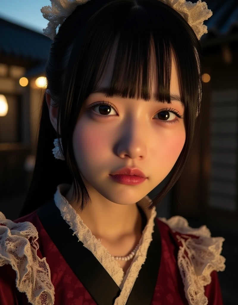 close-up portrait of a young Japanese girl in wa-style gothic lolita fashion, expressionless, staring directly at the camera, illuminated by soft warm lantern light or moonlight, detailed kimono-inspired gothic outfit with lace and frills visible at the collar, realistic skin texture, soft shadows on her face, dark background with hints of traditional Japanese architecture, photorealistic, cinematic night lighting, 85mm lens, ultra-detailed, 8K resolution, best quality, masterpiece, photo of the day:1.5