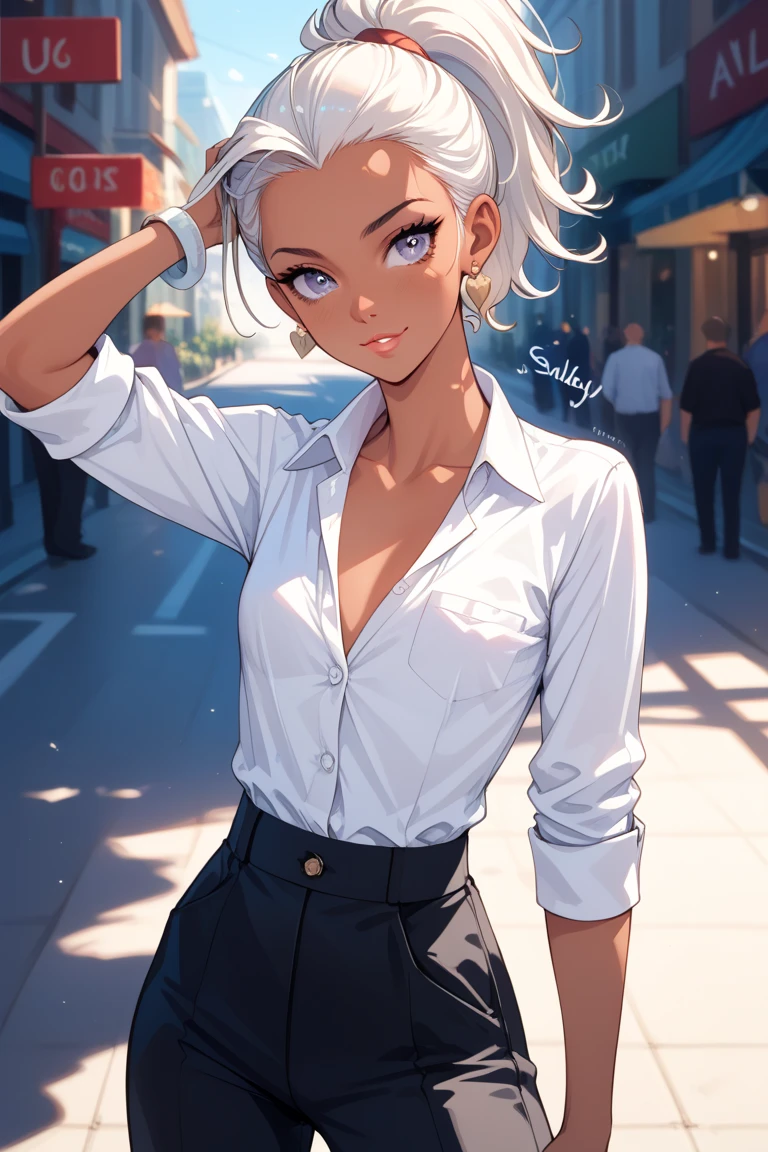 Anime-style character: A beautiful woman with white hair tied in a high ponytail, wide shiny eyes, brown skin, and a flat chest. She wears a classic white shirt—elegant, simple, and timeless—paired with versatile black pants that offer a sleek, confident look. Her outfit blends modern femininity with effortless sophistication, ideal for both casual and formal styles. Shadow or Silhouette Shot
Use sunlight or strong backlight to create a silhouette or shadow play.

Artsy, moody, and perfect for dramatic effects.

