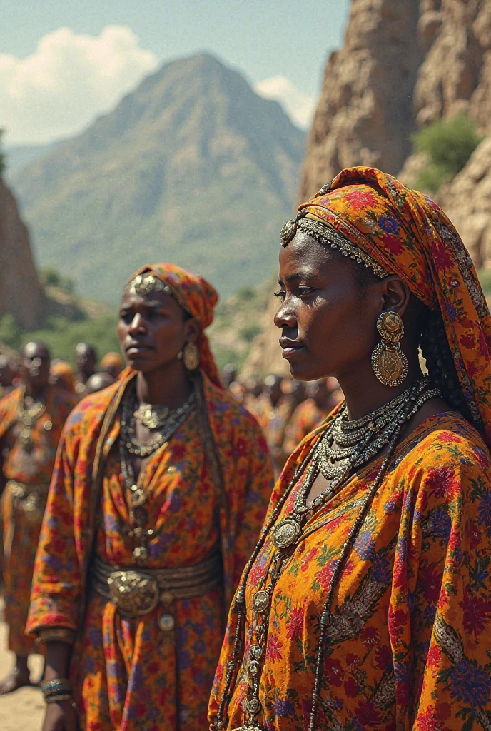 Tuareg and Fulani people in a lush African village in the Sahel region, General Plan with Fine Details, Extreme Fidelity, des Couleurs vives, Very sunny atmosphere, Style Artgerm, 32K, ultra HD, Unreal Engine rendu, Hyper-realistic image