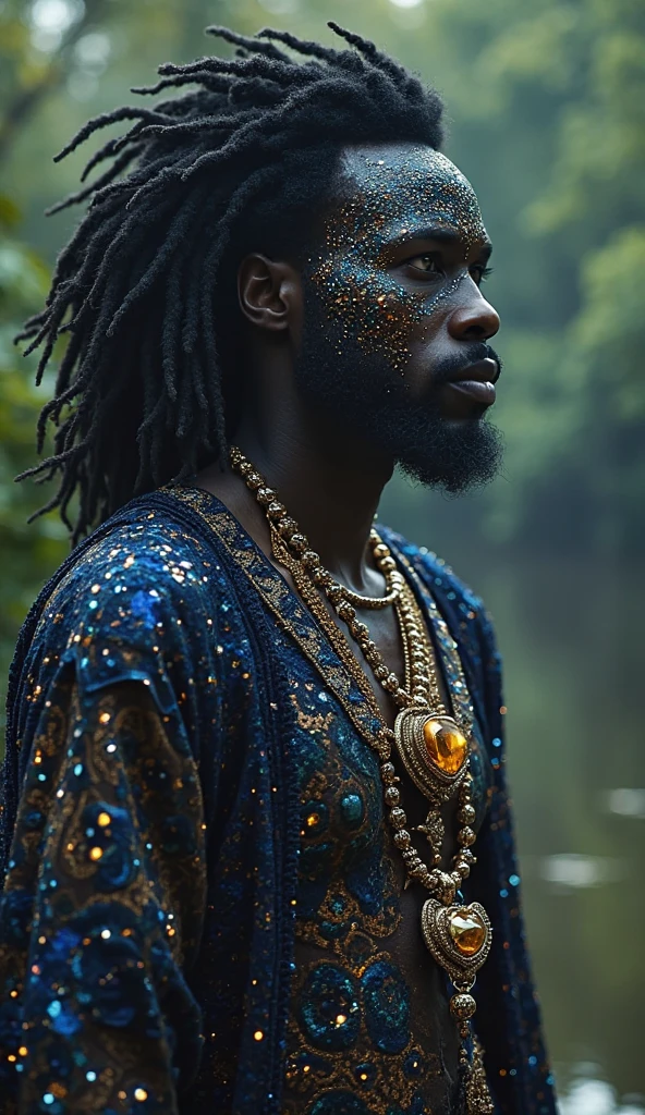 Close-up full body of black african man in ancient clothes near lake in forest with huge black lion adn a fight with a black african man in ancient old clothes  , man has sword ,  dark blue glow eyes, mesmerizing and mysterious. has glitter tattoo on his face ,  standing , has  glow glitter sparkle hair and big  colorful glitter  glow sparkle golden big diamonds on her all body covered , sequins and glitter sparkle glow that seem to be scattered around the full body, creating a sense of shimmer. Small diamonds are woven around the gemstones, giving the body a noble and sophisticated feel. The light falls on the jewelry, making it play with soft highlights, which enhances the magic and uniqueness of the image.
Full HD, 4K, HDR. Intricate details, perfect composition, masterpiece, high detail, MythP0r